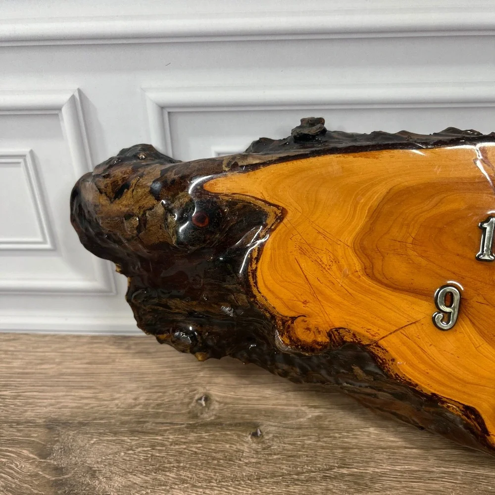 Live Edge Wood Epoxy Wall Clock Brown Glossy Resin Rustic Slab